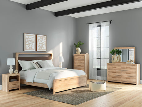 Kinlanni Tan Upholstered Panel Bedroom Set by Ashley at Eve Furniture