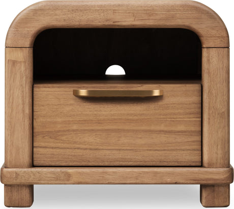 Kione Lioness One Drawer Acacia Wood Nightstand by Modus Furniture at Eve Furniture