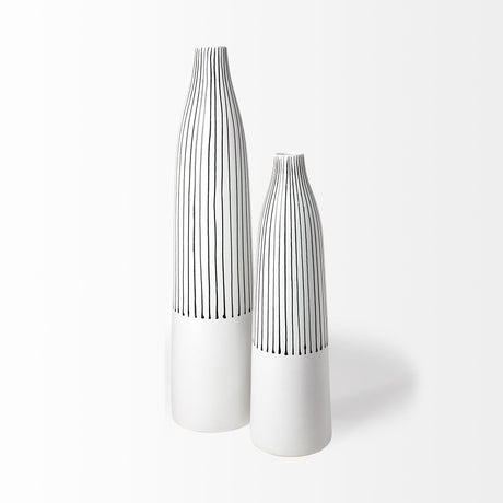 Kira I Small White Pinstripe Ceramic Vase by Mercana at Eve Furniture
