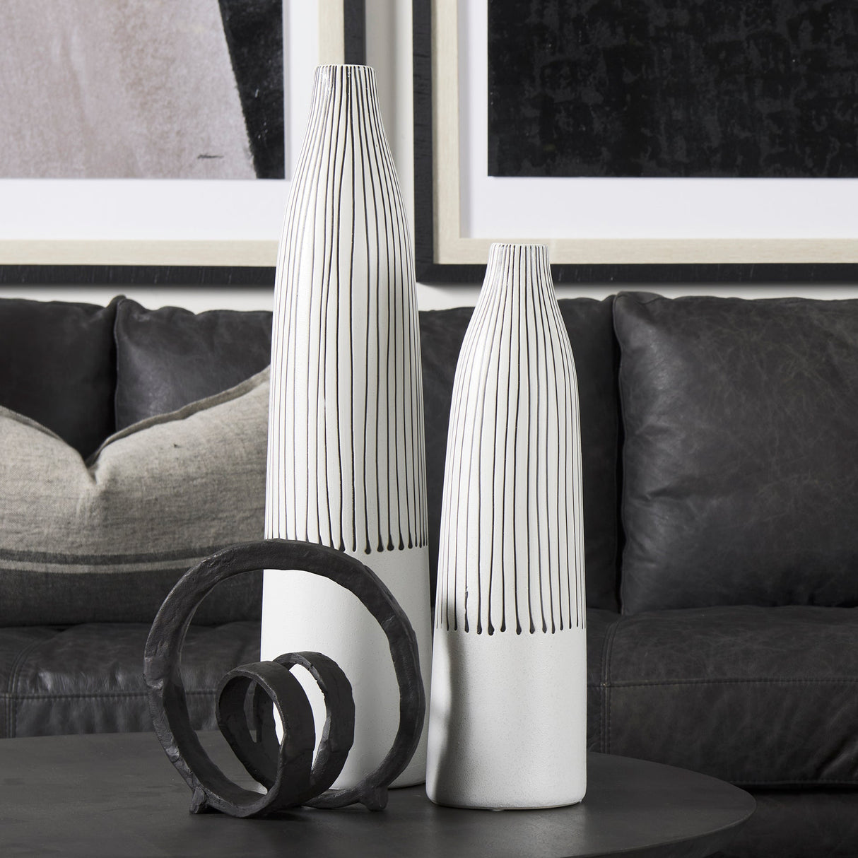 Kira I Small White Pinstripe Ceramic Vase by Mercana at Eve Furniture
