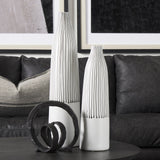 Kira I Small White Pinstripe Ceramic Vase by Mercana at Eve Furniture