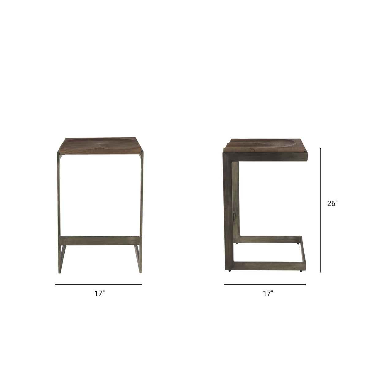Kiran 17L x 17W x 26H Medium Brown Wood W/ Antique Nickel Finished Metal Frame Counter Stool by Mercana at Eve Furniture