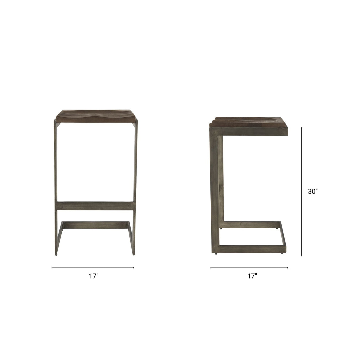 Kiran 17L x 17W x 30H Medium Brown Wood W/ Antique Nickel Finished Metal Frame Bar Stool by Mercana at Eve Furniture
