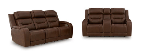 Knightington Brown Power Reclining Sofa & Loveseat w/Audio Seating by Ashley at Eve Furniture