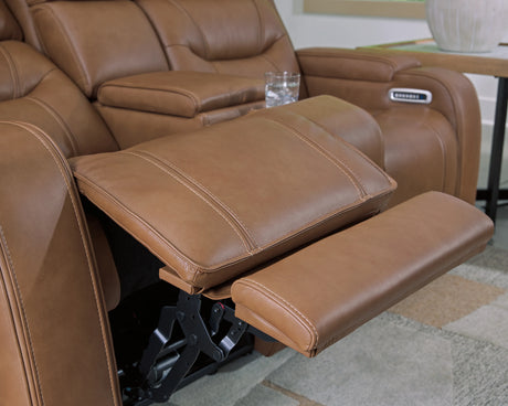 Knightington Caramel Leather Power Reclining Sofa & Loveseat w/Audio Seating by Ashley at Eve Furniture