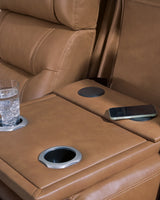 Knightington Caramel Leather Power Reclining Sofa & Loveseat w/Audio Seating by Ashley at Eve Furniture