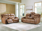 Knightington Caramel Leather Power Reclining Sofa & Loveseat w/Audio Seating by Ashley at Eve Furniture