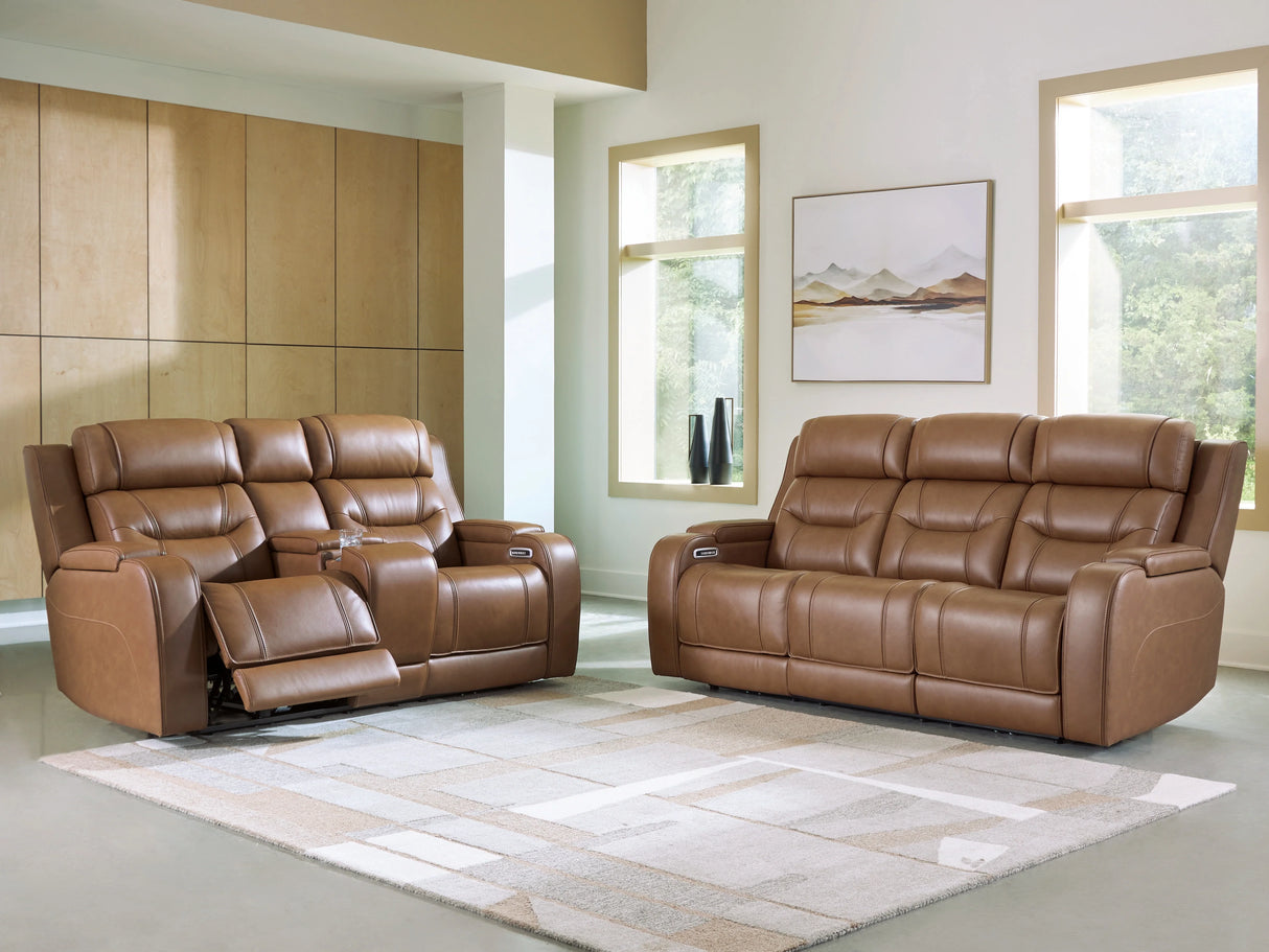 Knightington Caramel Leather Power Reclining Sofa & Loveseat w/Audio Seating by Ashley at Eve Furniture