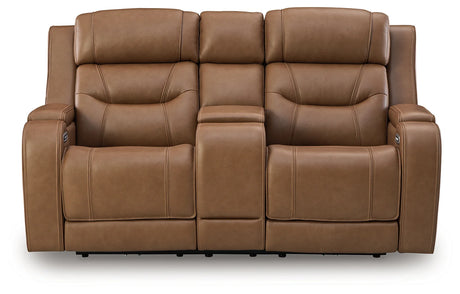 Knightington Caramel Power Reclining Loveseat w/Audio Seating by Ashley at Eve Furniture