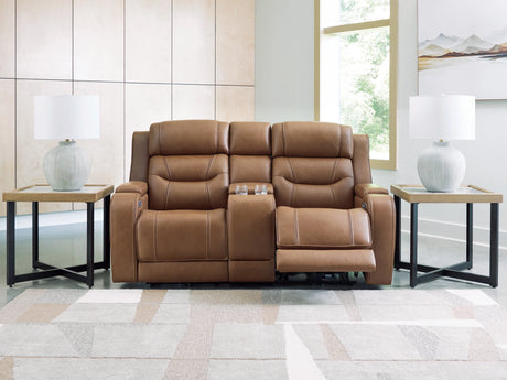 Knightington Caramel Power Reclining Loveseat w/Audio Seating by Ashley at Eve Furniture