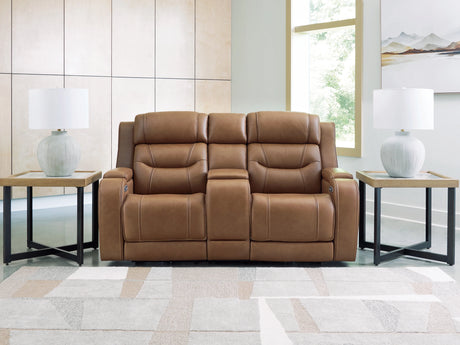 Knightington Caramel Power Reclining Loveseat w/Audio Seating by Ashley at Eve Furniture