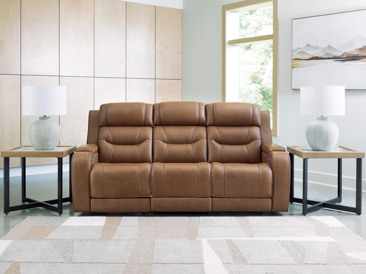 Knightington Caramel Power Reclining Sofa w/Audio Seating by Ashley at Eve Furniture