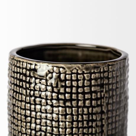 Kona III Large Black/Gold Cylindrical Ceramic Vase by Mercana at Eve Furniture