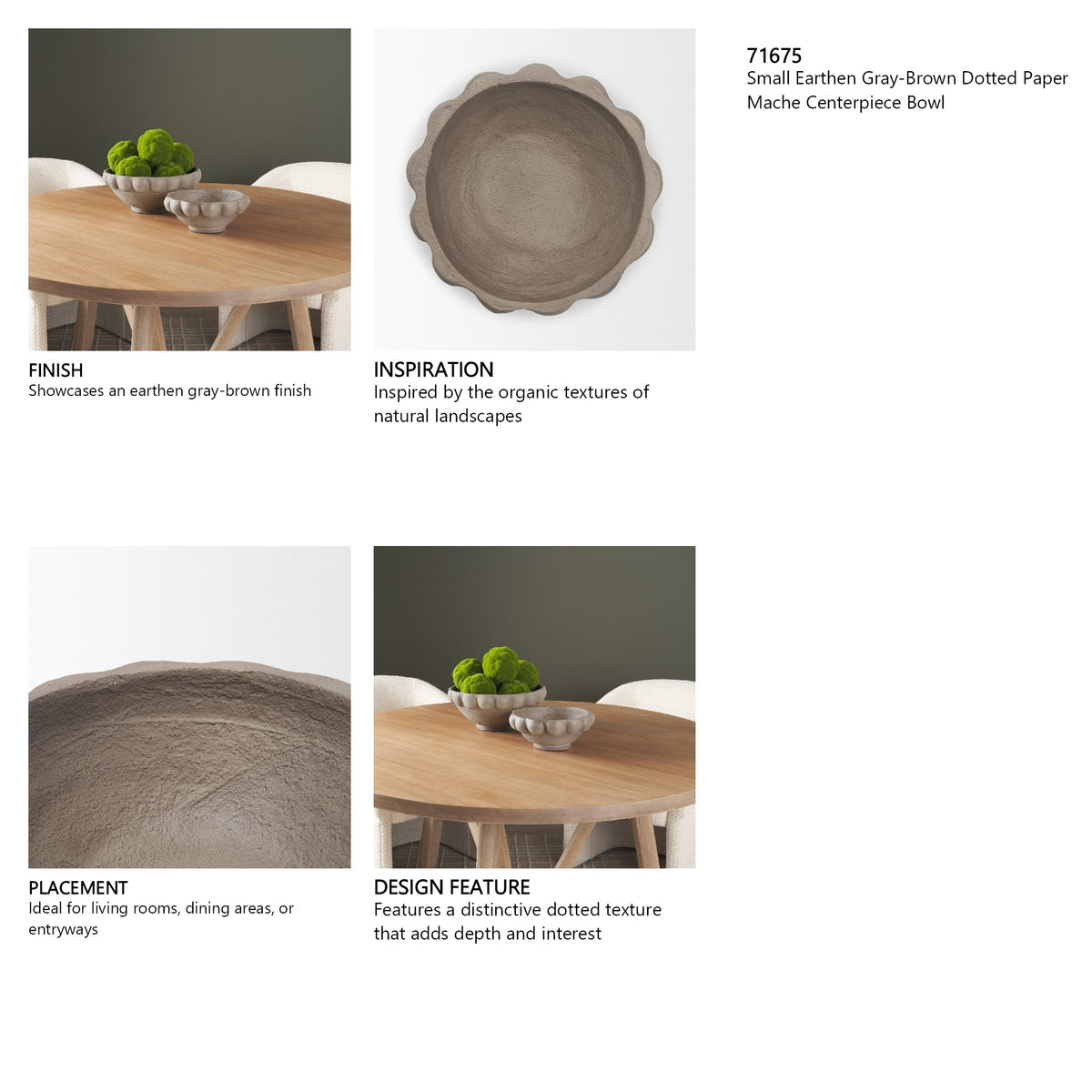 Konya Small Earthen Gray-Brown Dotted Paper Mache Centerpiece Bowl by Mercana at Eve Furniture