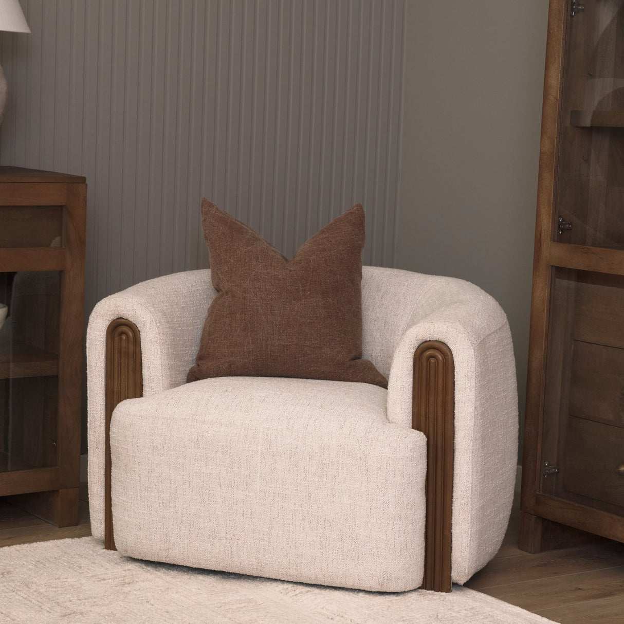 Kornelia Soft Oatmeal Fabric Barrel Accent Chair by Mercana at Eve Furniture