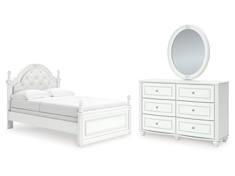 Kozlani White Full Upholstered Panel Bed, Dresser and Mirror by Ashley at Eve Furniture
