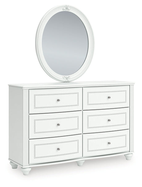 Kozlani White Twin Upholstered Panel Bed, Dresser and Mirror by Ashley at Eve Furniture