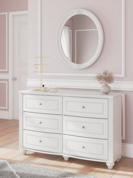 Kozlani White Twin Upholstered Panel Bed, Dresser and Mirror by Ashley at Eve Furniture