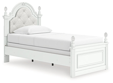 Kozlani White Twin Upholstered Panel Bed, Dresser and Mirror by Ashley at Eve Furniture