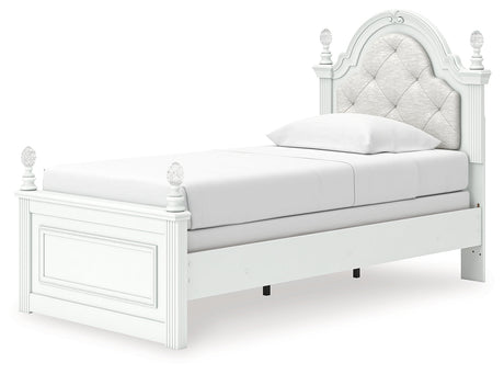Kozlani White Twin Upholstered Panel Bed, Dresser and Mirror by Ashley at Eve Furniture