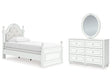 Kozlani White Twin Upholstered Panel Bed, Dresser and Mirror by Ashley at Eve Furniture
