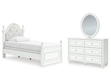 Kozlani White Twin Upholstered Panel Bed, Dresser and Mirror by Ashley at Eve Furniture