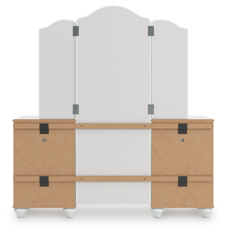 Kozlani White Vanity, Mirror and Stool by Ashley Furniture at Eve Furniture