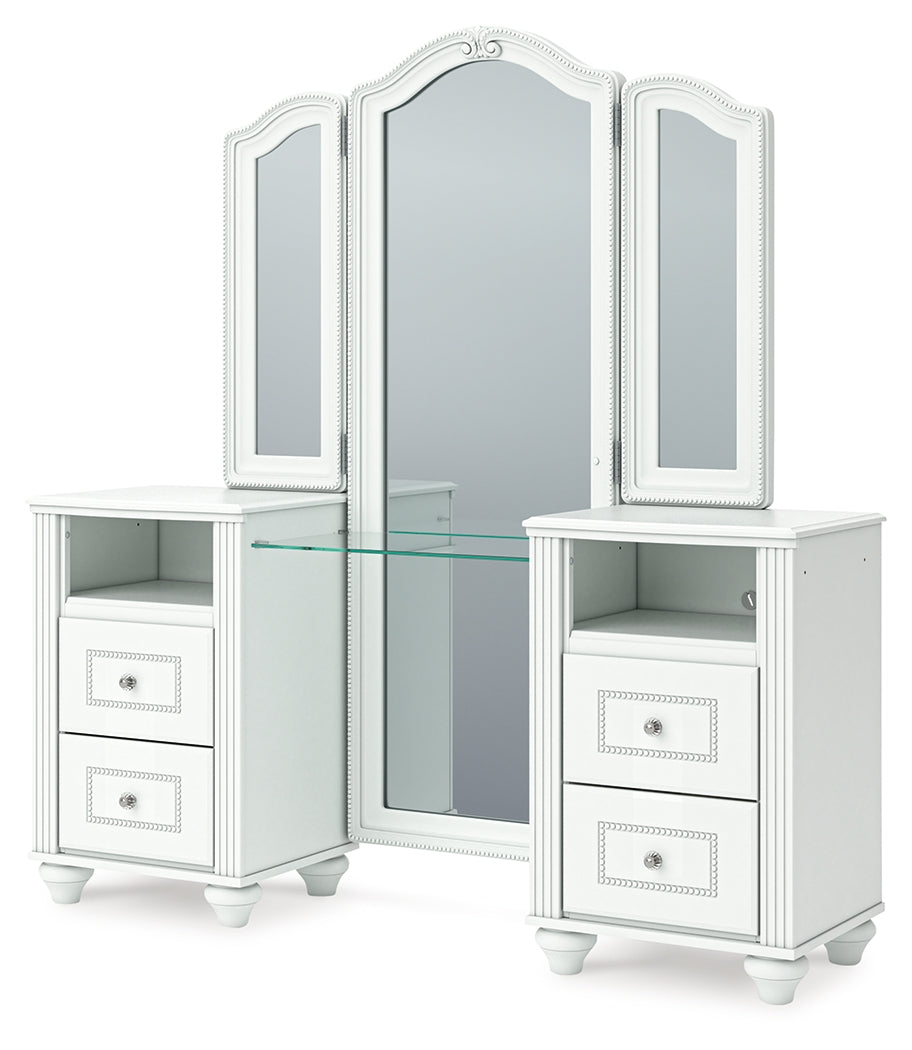Kozlani White Vanity, Mirror and Stool by Ashley Furniture at Eve Furniture
