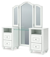 Kozlani White Vanity, Mirror and Stool by Ashley Furniture at Eve Furniture