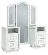 Kozlani White Vanity, Mirror and Stool by Ashley Furniture at Eve Furniture