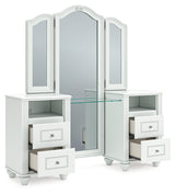 Kozlani White Vanity, Mirror and Stool by Ashley Furniture at Eve Furniture