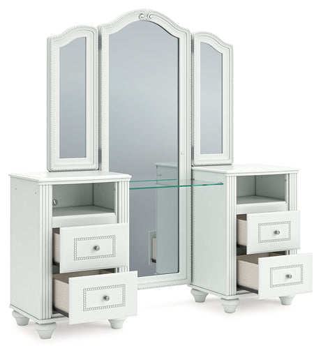 Kozlani White Vanity, Mirror and Stool by Ashley Furniture at Eve Furniture