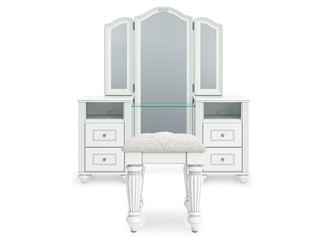 Kozlani White Vanity, Mirror and Stool by Ashley Furniture at Eve Furniture