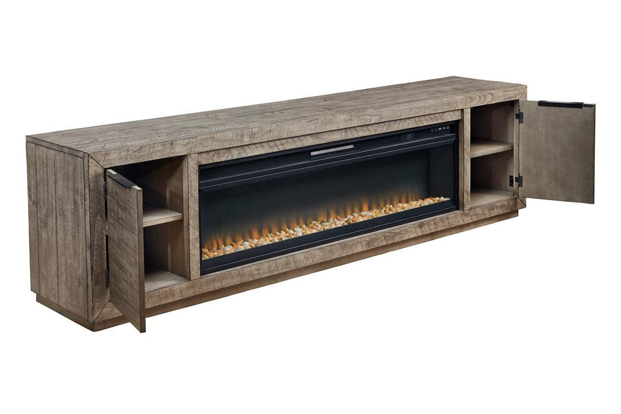 Krystanza Weathered Gray TV Stand with Electric Fireplace by Ashley at Eve Furniture