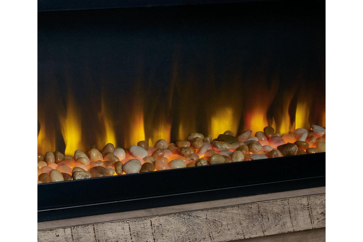 Krystanza Weathered Gray TV Stand with Electric Fireplace by Ashley at Eve Furniture