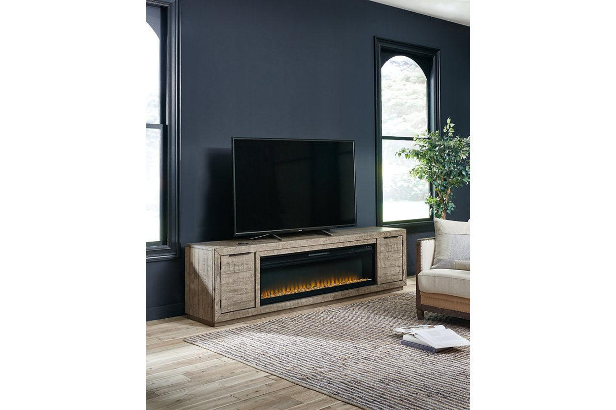 Krystanza Weathered Gray TV Stand with Electric Fireplace by Ashley at Eve Furniture