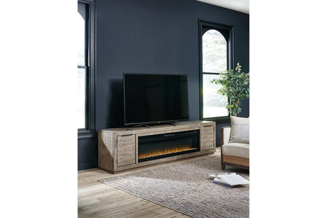 Krystanza Weathered Gray TV Stand with Electric Fireplace by Ashley at Eve Furniture