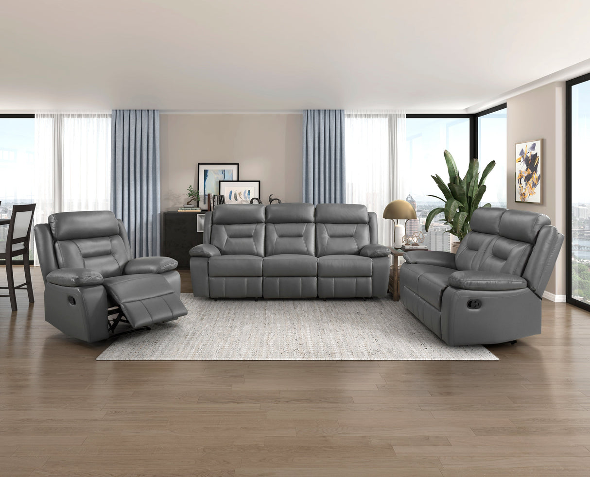 Laconia Dark Gray Leather Double Reclining Living Room Set by Homelegance at Eve Furniture