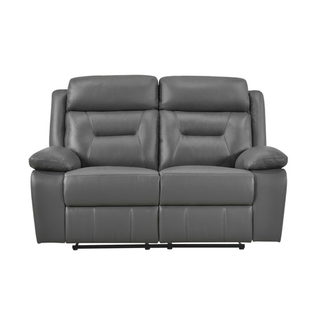 Laconia Dark Gray Leather Double Reclining Loveseat by Homelegance at Eve Furniture
