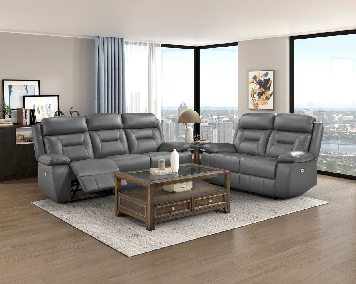 Laconia Dark Gray Leather Power Double Reclining Living Room Set by Homelegance at Eve Furniture
