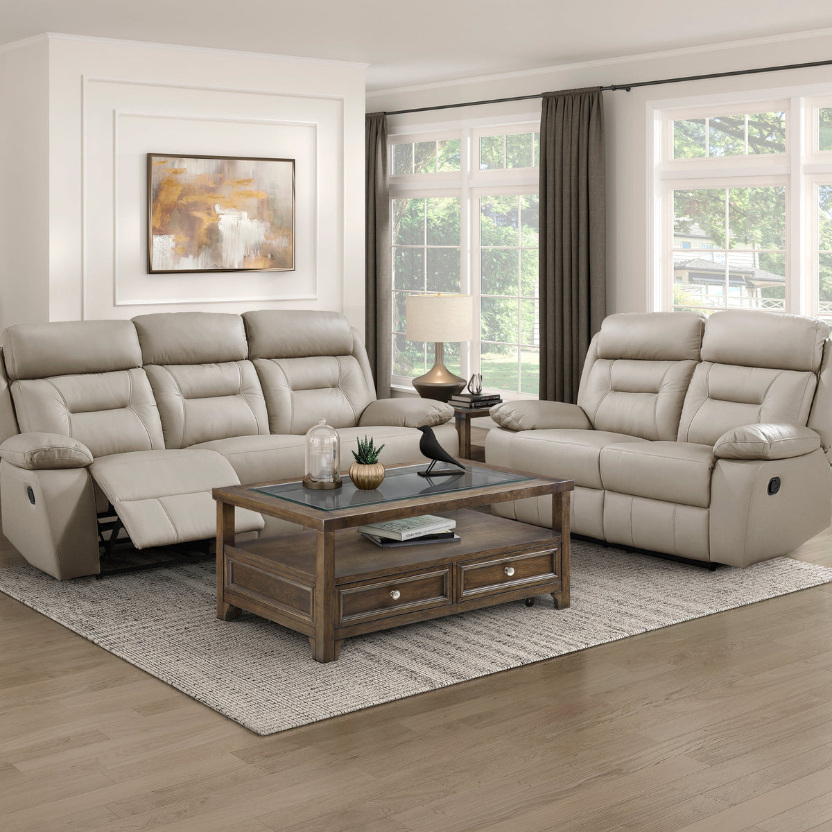 Laconia Latte Leather Double Reclining Living Room Set – Eve Furniture