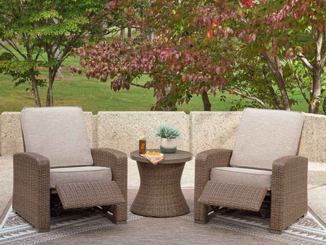 Laguna Heights Beige 2 Outdoor Chairs and End Table by Ashley at Eve Furniture