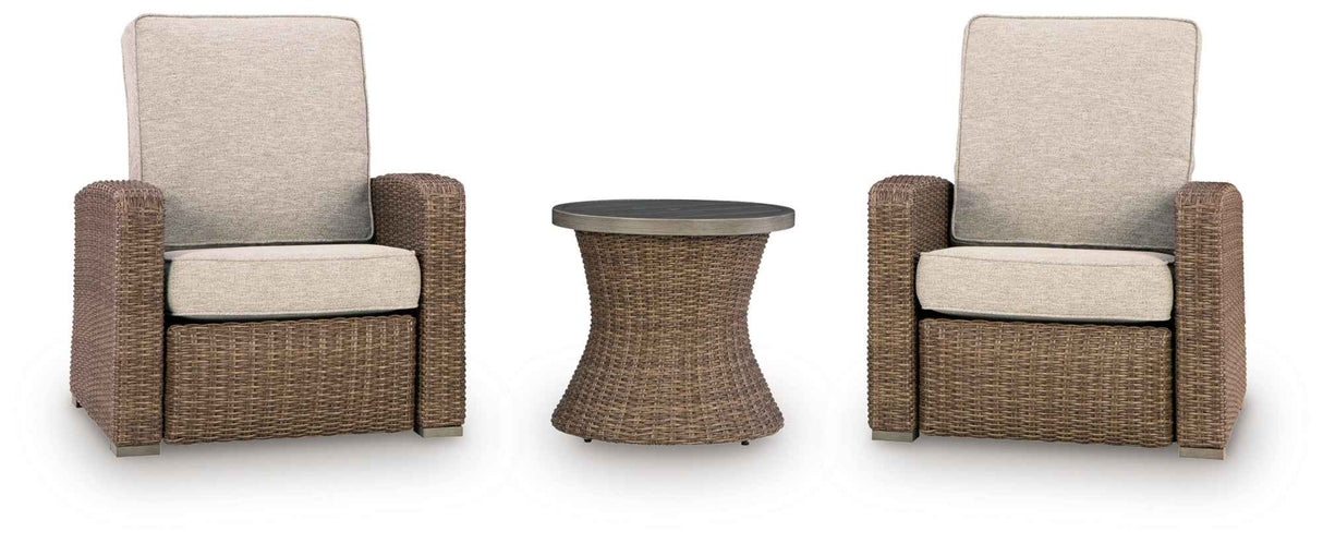 Laguna Heights Beige 2 Outdoor Chairs and End Table by Ashley at Eve Furniture