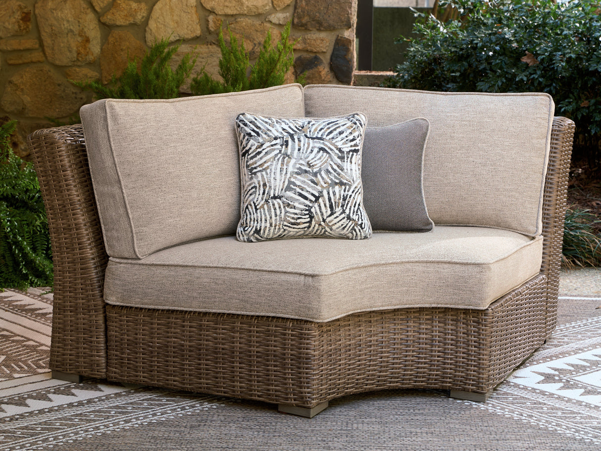 Laguna Heights Beige Outdoor Curved Corner Chair with Cushion by ASHLEY FURNITURE at Eve Furniture