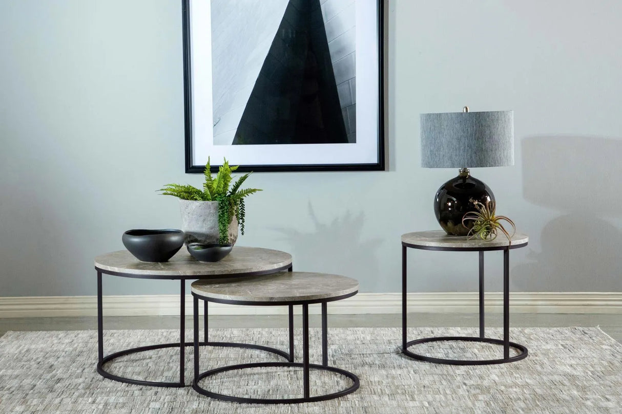 Lainey Gray/Gunmetal Faux Marble Round Top End Table by Coaster at Eve Furniture