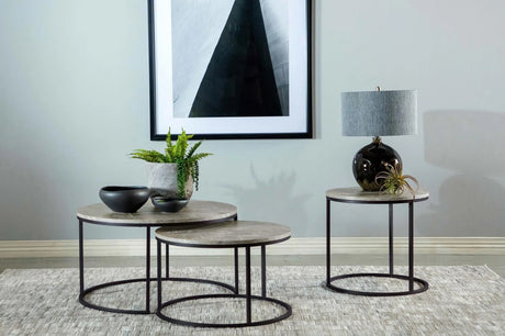 Lainey Gray/Gunmetal Faux Marble Round Top End Table by Coaster at Eve Furniture