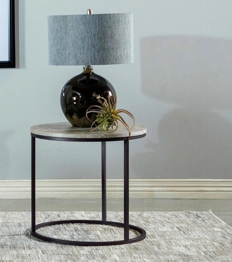 Lainey Gray/Gunmetal Faux Marble Round Top End Table by Coaster at Eve Furniture