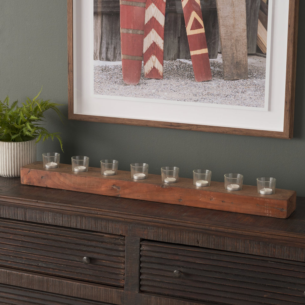Lakara Reclaimed Wood Eight Tealight Table Candle Holder by Mercana at Eve Furniture
