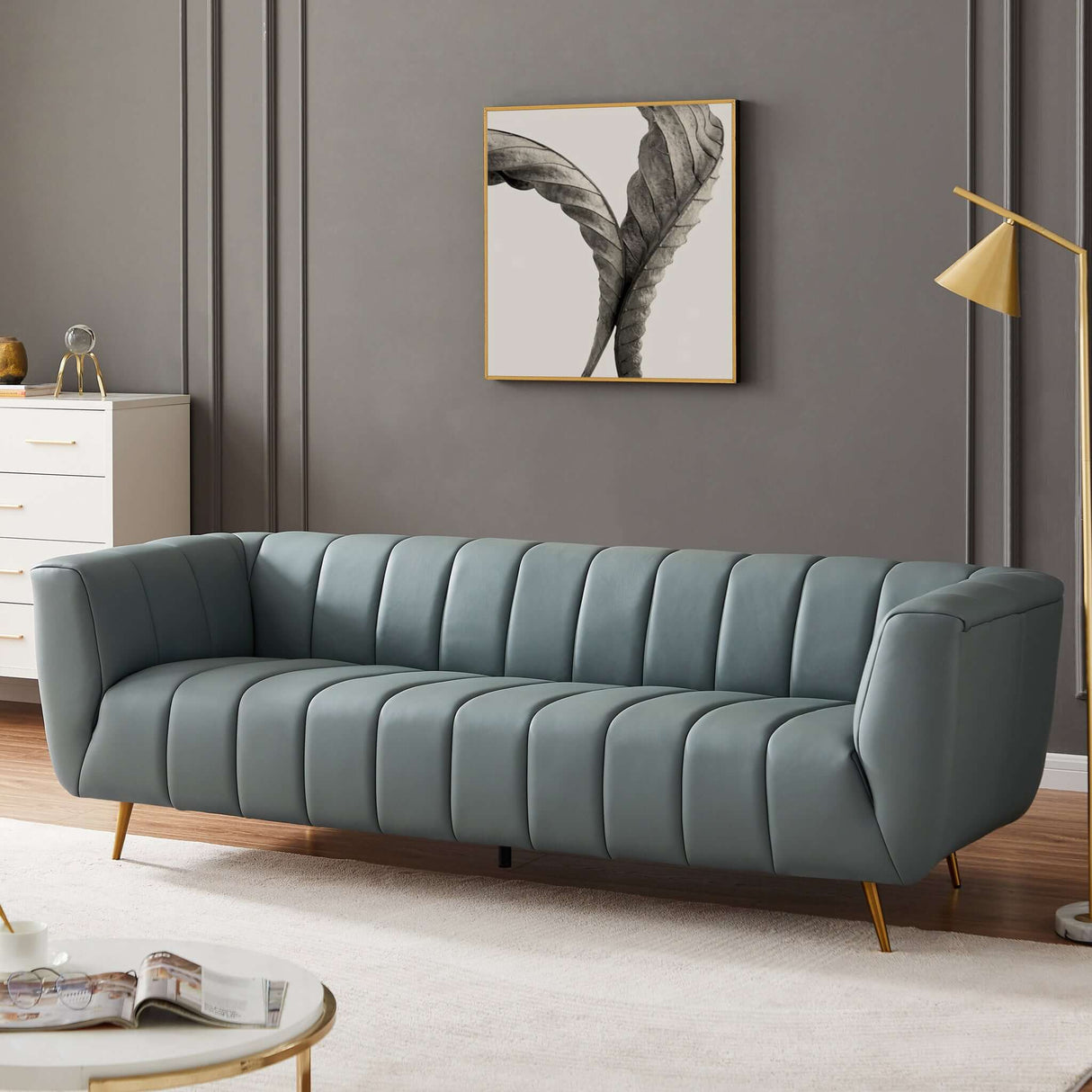 LaMattina Genuine Italian Leather Channel Tufted Sofa Grey
