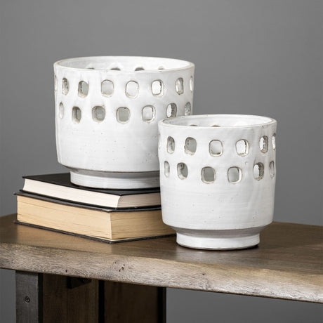 Larissa Set of Two White Ceramic Hollow Pattern Vases by Mercana at Eve Furniture